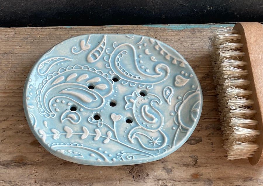Handmade Pottery Soap Dish Blue Paisley