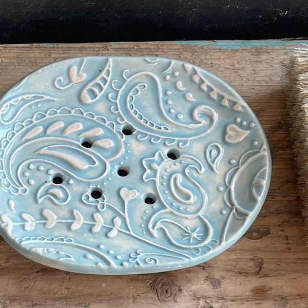 Handmade Pottery Soap Dish Blue Paisley