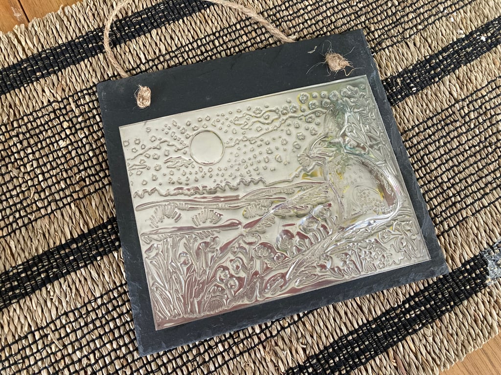 Moon-Gazing Hare in Pewter on Slate