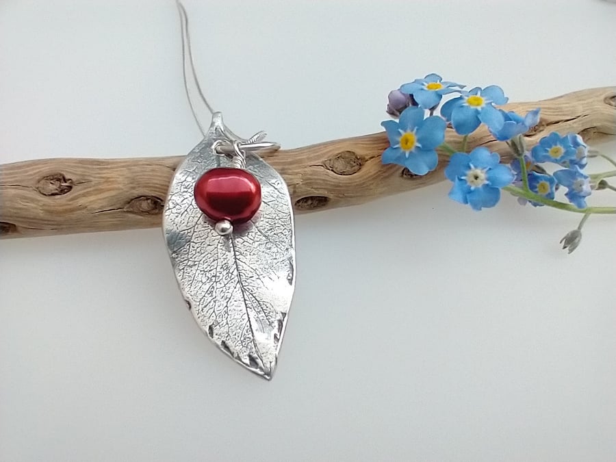 Silver Rose Leaf Necklace with Red Freshwater Pearl Charm