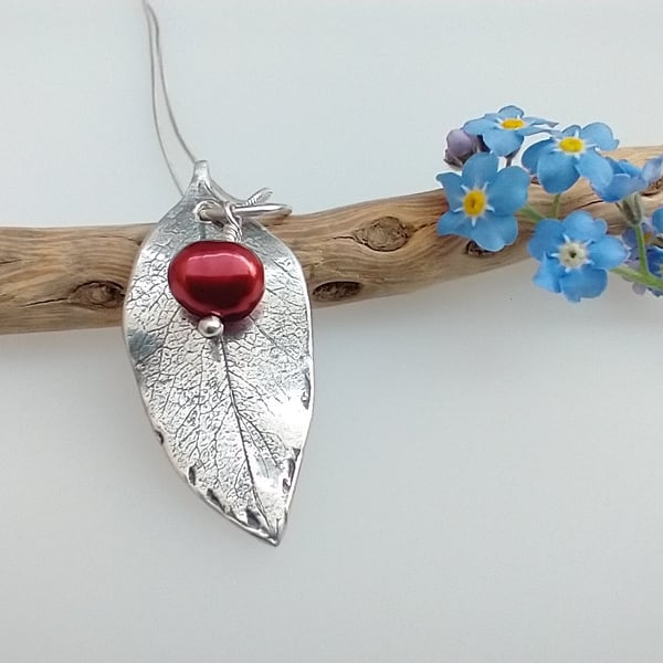 Silver Rose Leaf Necklace with Red Freshwater Pearl Charm