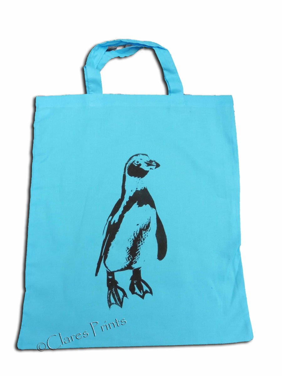 Penguin Tote Bag Animal Linocut Hand Printed Blue Shopping Bag