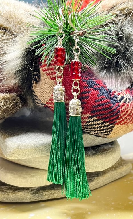 Colourful Christmas statement tassel earrings in deep red and green