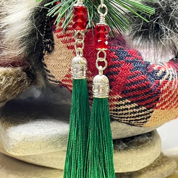 Colourful Christmas statement tassel earrings in deep red and green