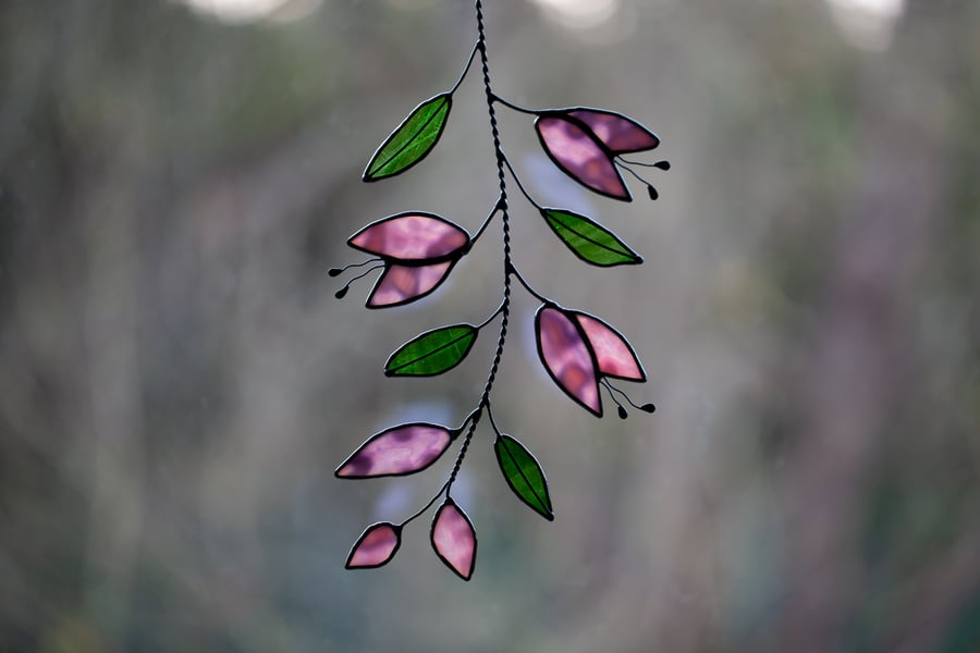 Stained Glass Branch of Flowers and Leaves Suncatcher