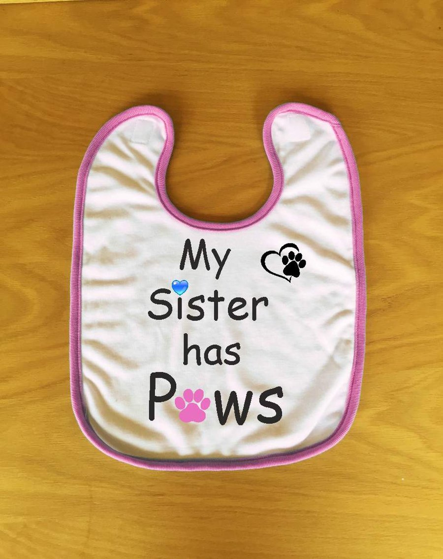 Baby Bib, My Brother or Sister has Paws, with Pink or Blue Bib trim colour