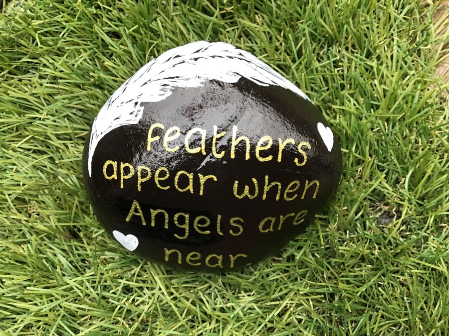 Hand Painted Pebble Stone Feathers Appear When Angels are Near Memorial Stone