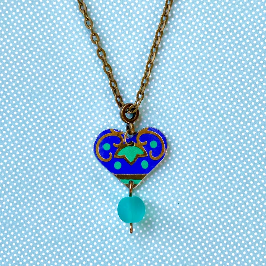 Recycled vintage tin blue & green heart beaded pendant necklace