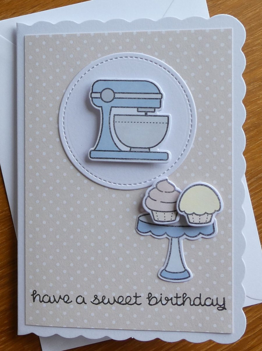 Blue Stand Mixer & Cup Cake Birthday Card