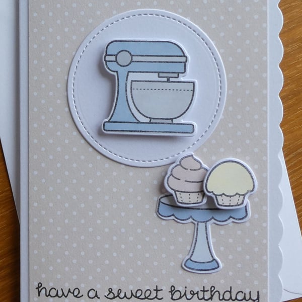 Blue Stand Mixer & Cup Cake Birthday Card