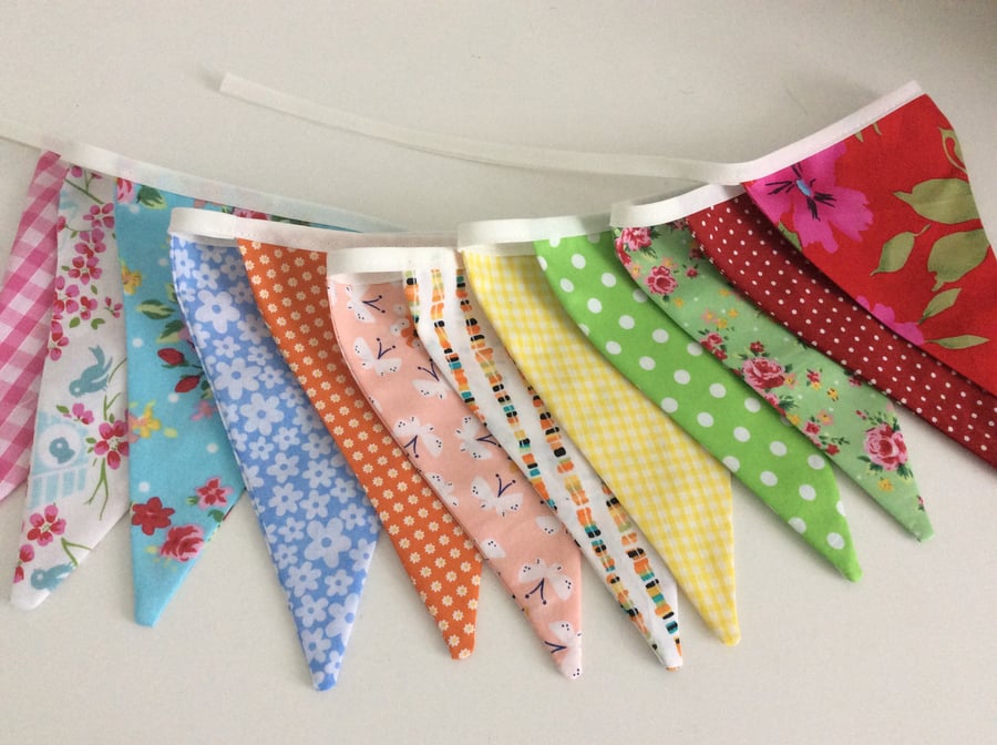 Bright rainbow Bunting - 12 flags 8ft with ties, mixed patterns