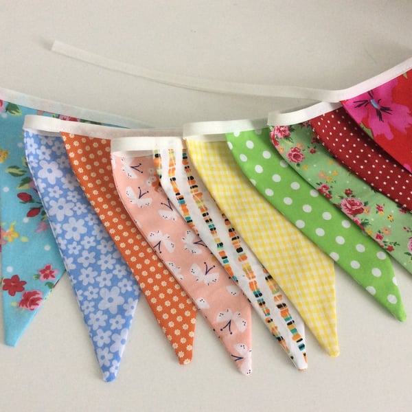 Bright rainbow Bunting - 12 flags 8ft with ties, mixed patterns