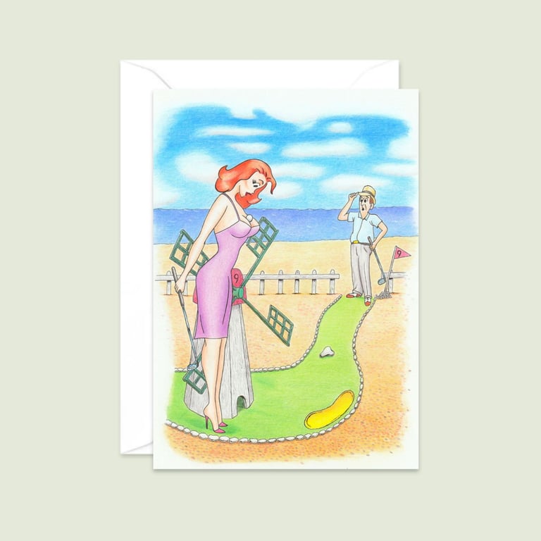 Crazy Golf Greeting Card: Seaside Postcard Style Pencil Illustration (805)