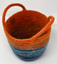 Medium Rust Orange and Blue Felt Basket with Cord Grab Handles - Image 5