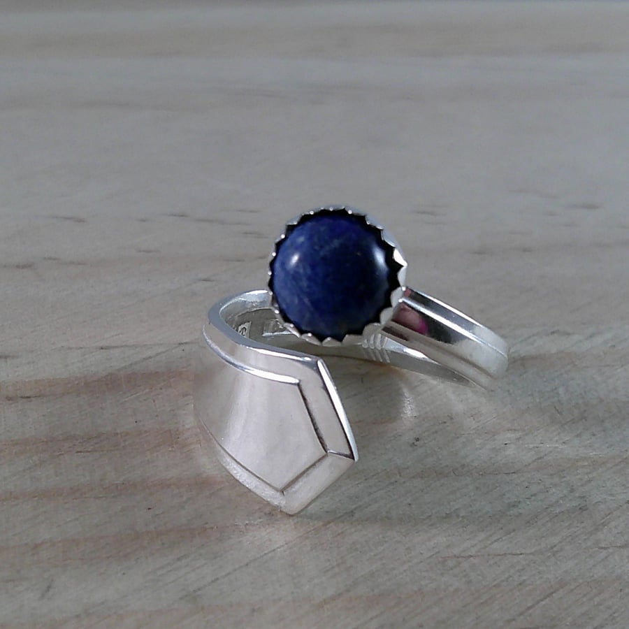 Sterling Silver Upcycled Grecian Spoon Handle Ring with Lapis Lazuli