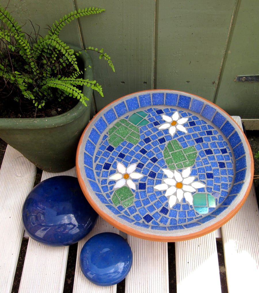 White Water Lily Mosaic Bird Bath