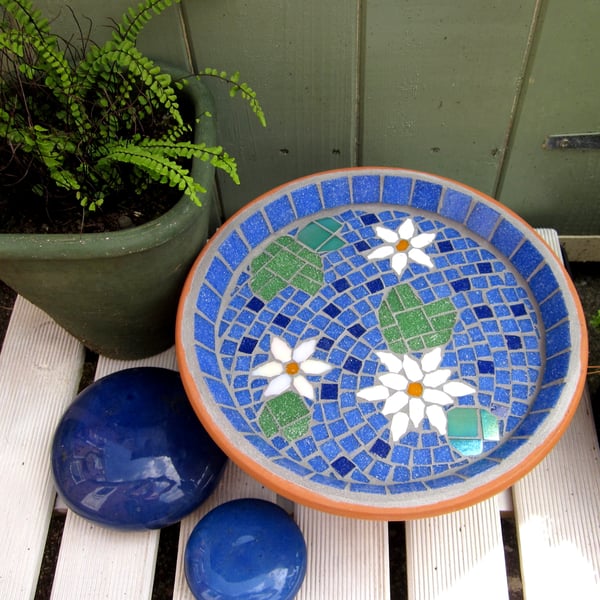 White Water Lily Mosaic Bird Bath