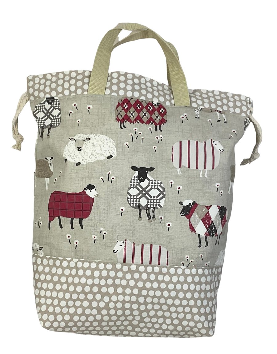 two at a time knitting bag with sheep, extra large sock sack, drawstring divided