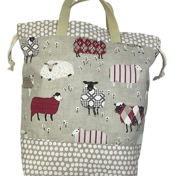 two at a time knitting bag with sheep, extra large sock sack, drawstring divided