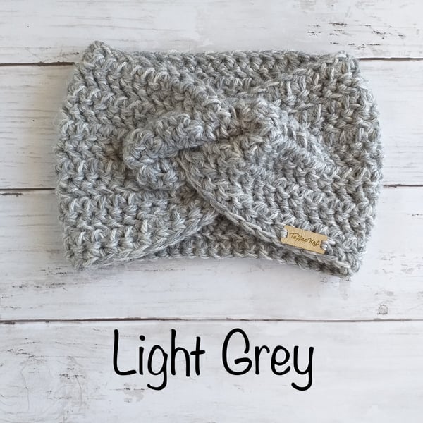 Crochet Alpaca Headband, Light Grey Winter Ear Warmers 