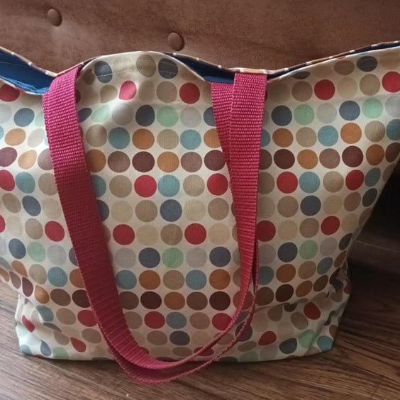 Tote Bag, Multicoloured Spots. Lined In Blue  With Fastener. Free Delivery.