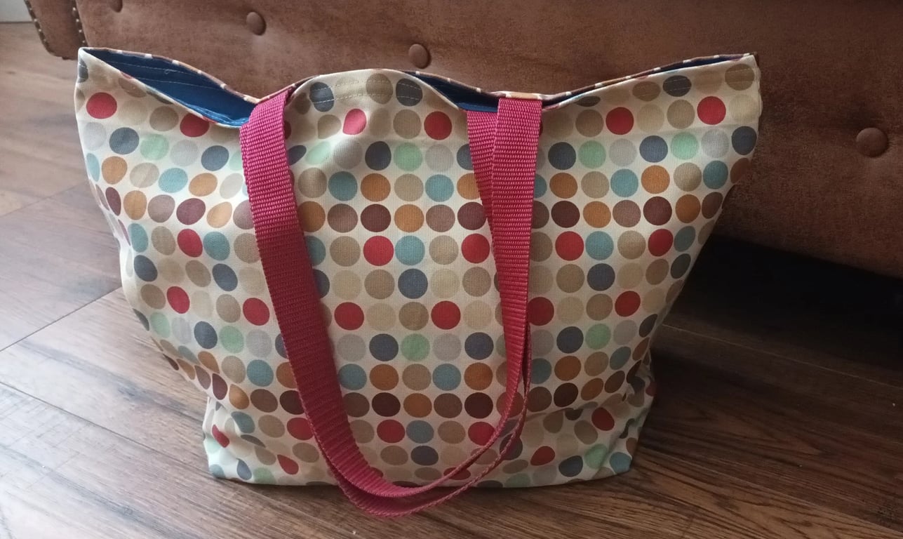 Tote Bag, Multicoloured Spots. Lined In Blue  With Fastener. Free Delivery.