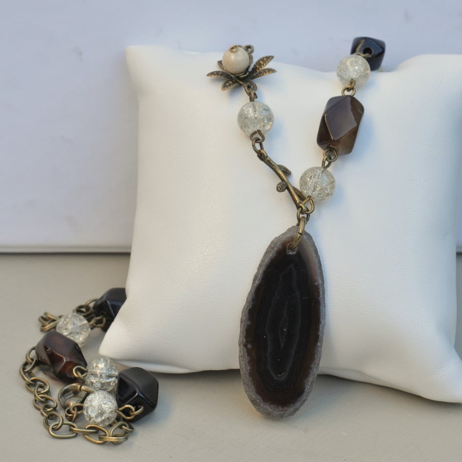 Coffee Brown Agate Pendant Necklace with Black Agate & Crackle Quartz Beads