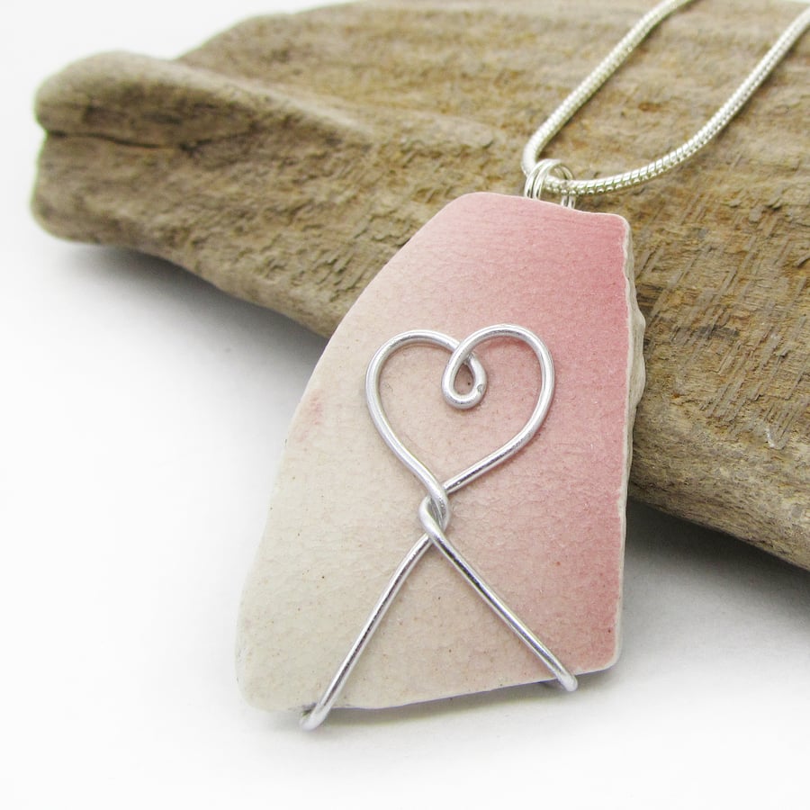 Sea Pottery Pendant - Pink Heart Scottish Silver Wire Wrapped Necklace Jewellery