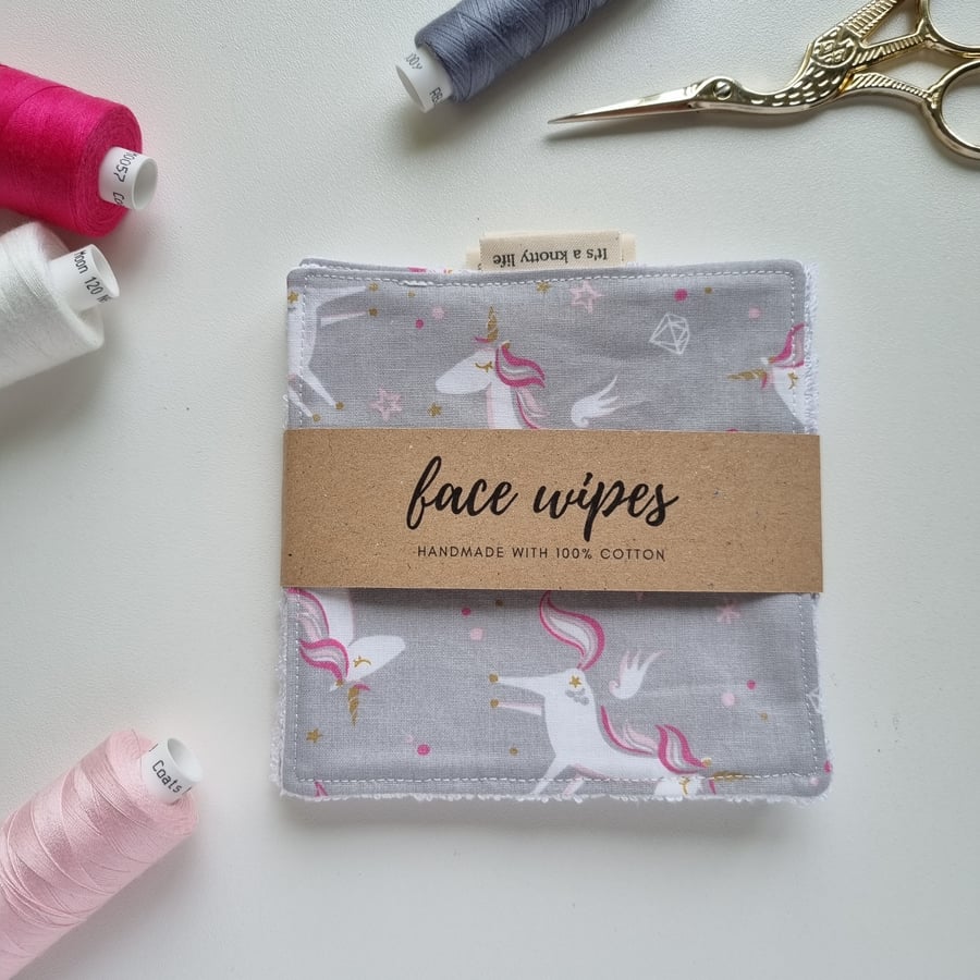Reusable face wipes handmade 100% cotton fabric, bamboo towelling, unicorn