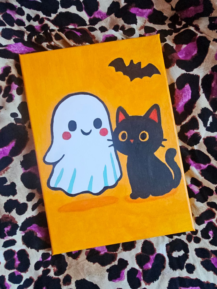 Cat and Ghost Halloween A4 Canvas Painting 