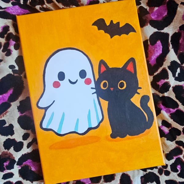 Cat and Ghost Halloween A4 Canvas Painting 