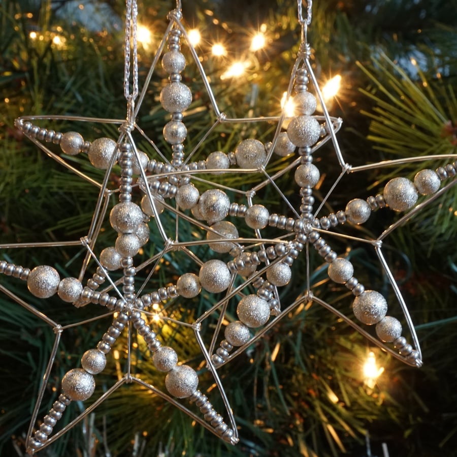 Set of Three Beaded Wire Star Decorations