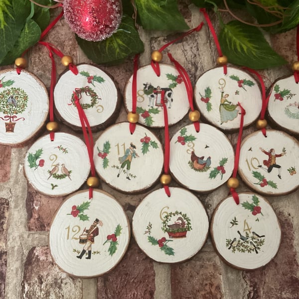 Woodslice Xmas 12 days of Xmas. Tree Decorations.