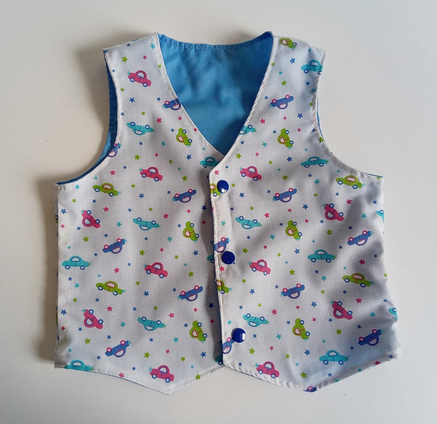 Age 12 mths, waistcoat for boys, cars waistcoat age 1 year, reversible waistcoat