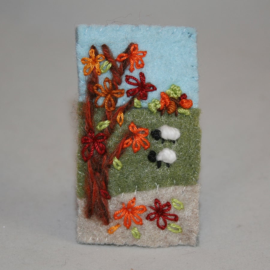 RESERVED FOR DOROTHYFelt Autumn Brooch - Embroidered Sheep and Autumn Leaves