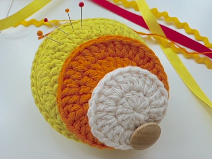Crochet pincushion, Pop art pincushion, pin tidy, needlework gift