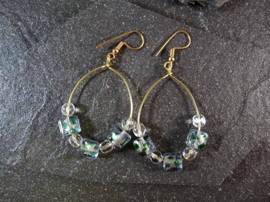 Large Hoop Earrings - Green Speckled Foiled Glass Bead - 40mm - Gold Colour