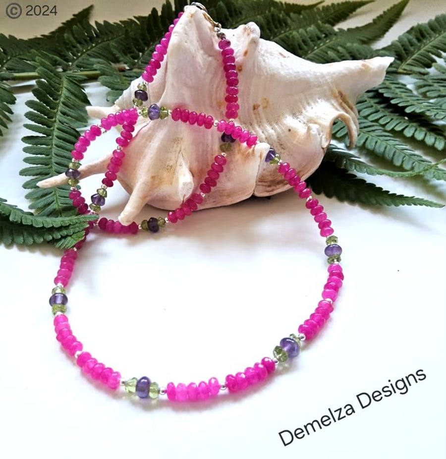 Pink Quartzite,  Amethyst & Peridot Sterling Silver Necklace Perfectly Imperfect