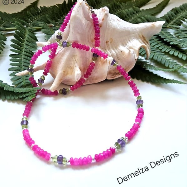 Pink Quartzite,  Amethyst & Peridot Sterling Silver Necklace Perfectly Imperfect
