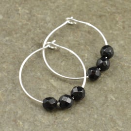 Boho 4mm Tiny Black Onyx Gemstone & 20mm Sterling Silver Hoop Earrings