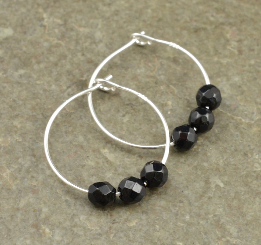 Boho 4mm Tiny Black Onyx Gemstone & 20mm Sterling Silver Hoop Earrings