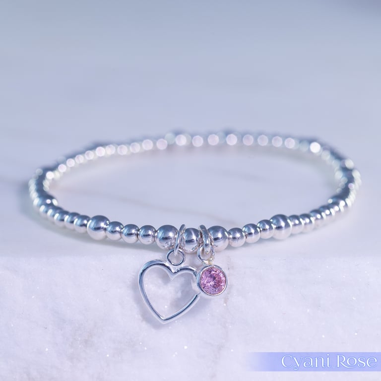 Heart Bracelet Sterling Silver Stretchy Pink glass handmade romantic