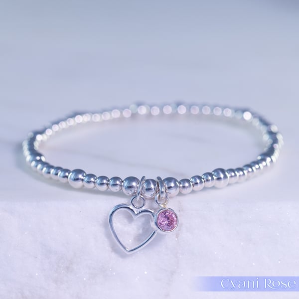 Heart Bracelet Sterling Silver Stretchy Pink glass handmade romantic