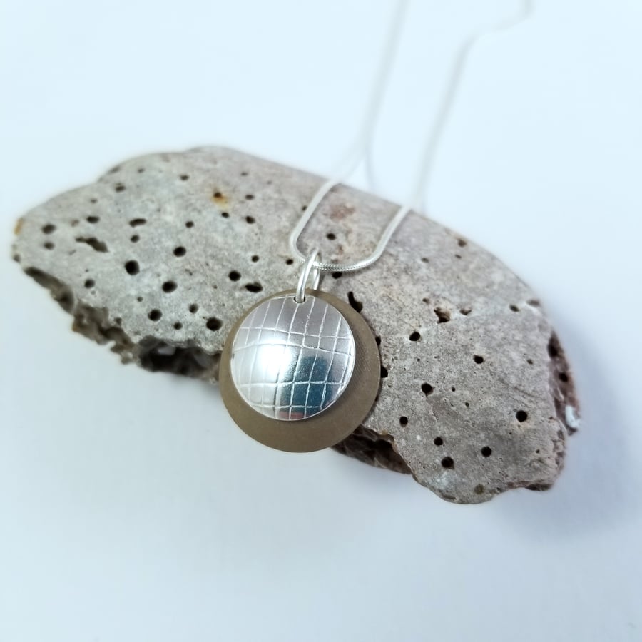 Necklace Sterling Silver Textured Dome & Brown Ceramic Pendant, Free UK Postage