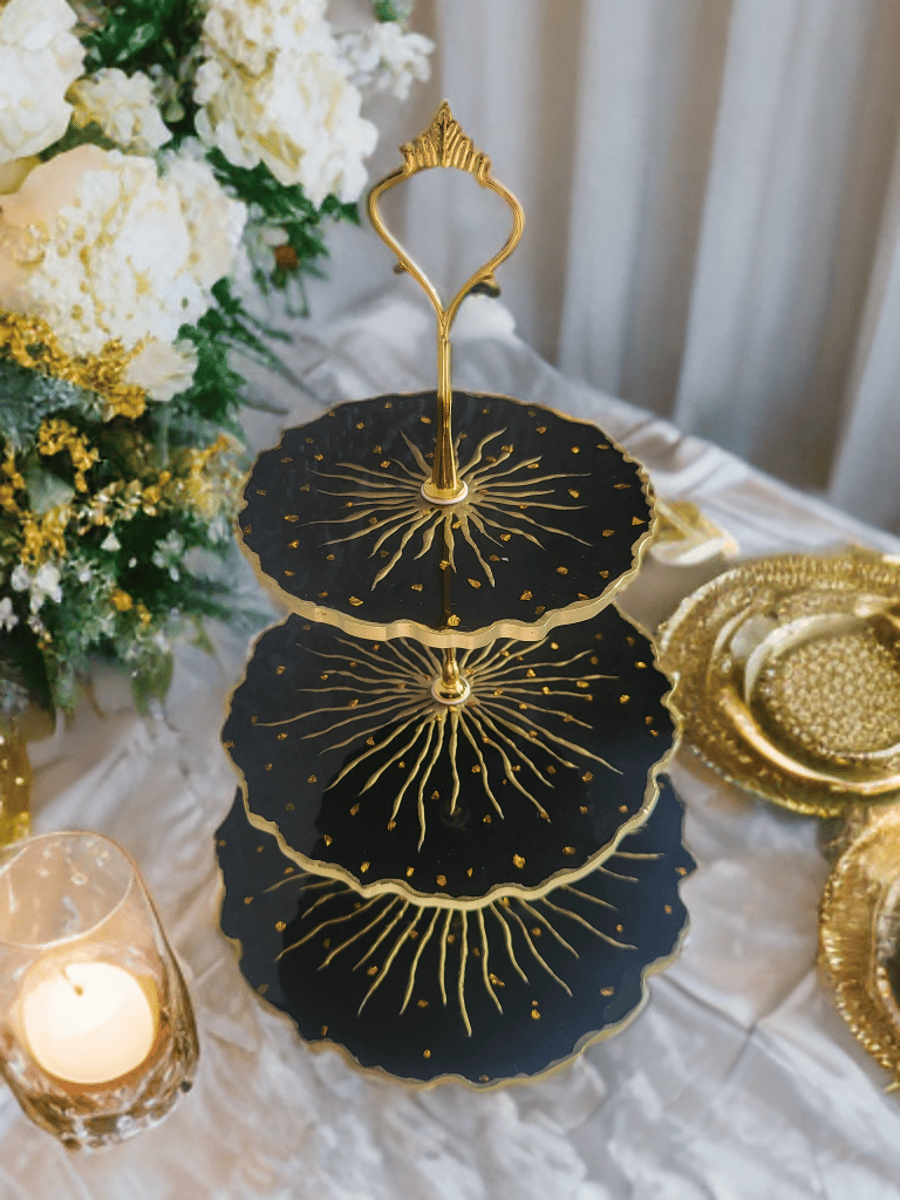 Luxury Black & Gold Three,Tier Cake Stand, Elegant Dessert Stand,  Decorative S