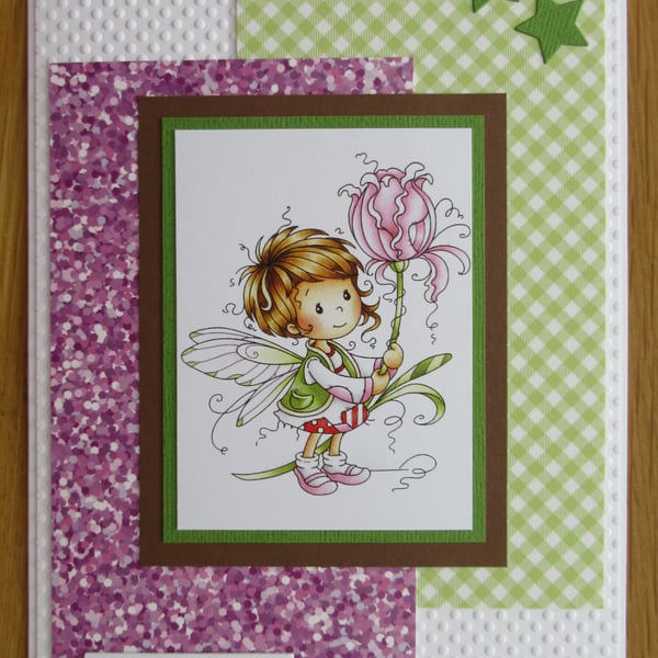 Little Fairy With A Big Flower - A5 Birthday Card