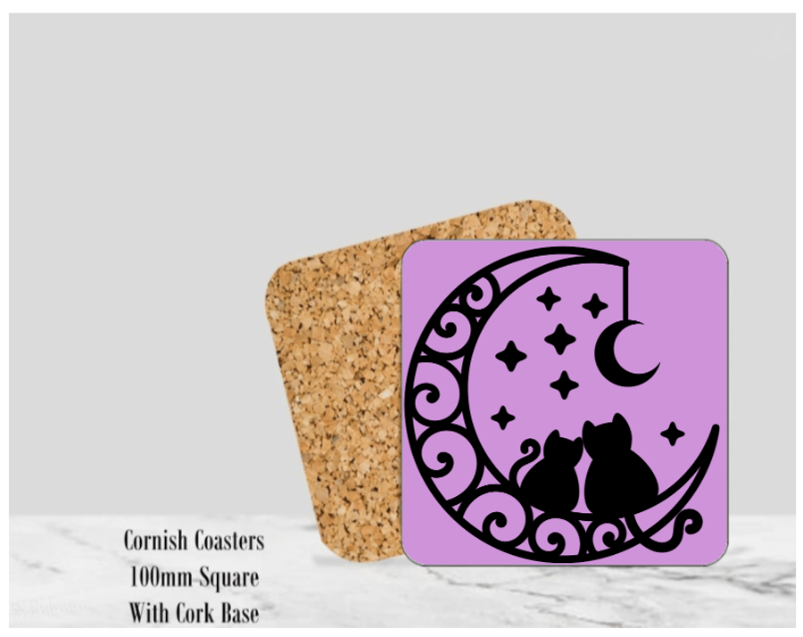 Purple Silhouette Cats Coaster 4" Square With Cork Base. -  Design 2