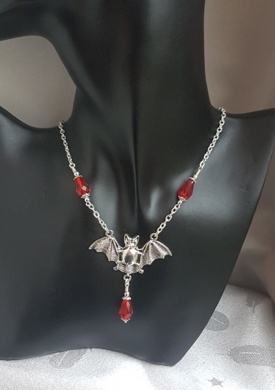 Gorgeous Large Bat Necklace - Red Crystals - Dangly style.