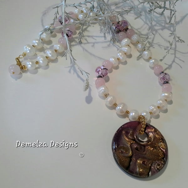 Murano Glass & Fresh Water Cultured Pearl & Rose Quartz Necklace