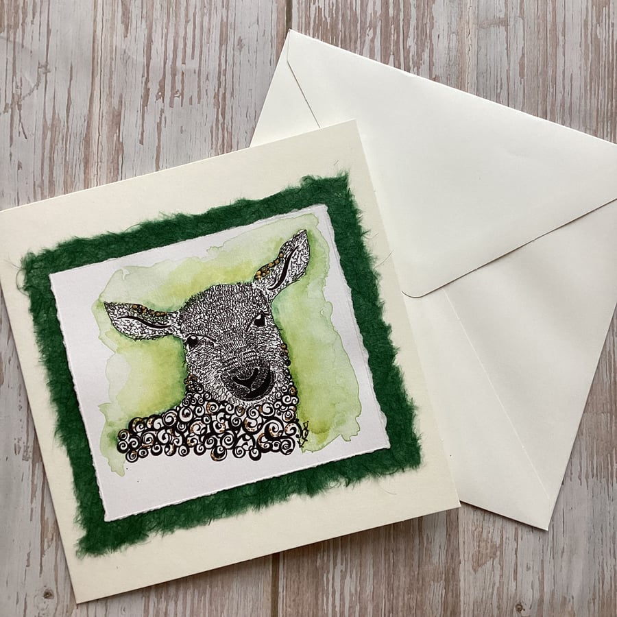 Handmade sheep card, pen and ink illustration with watercolour, animal art card